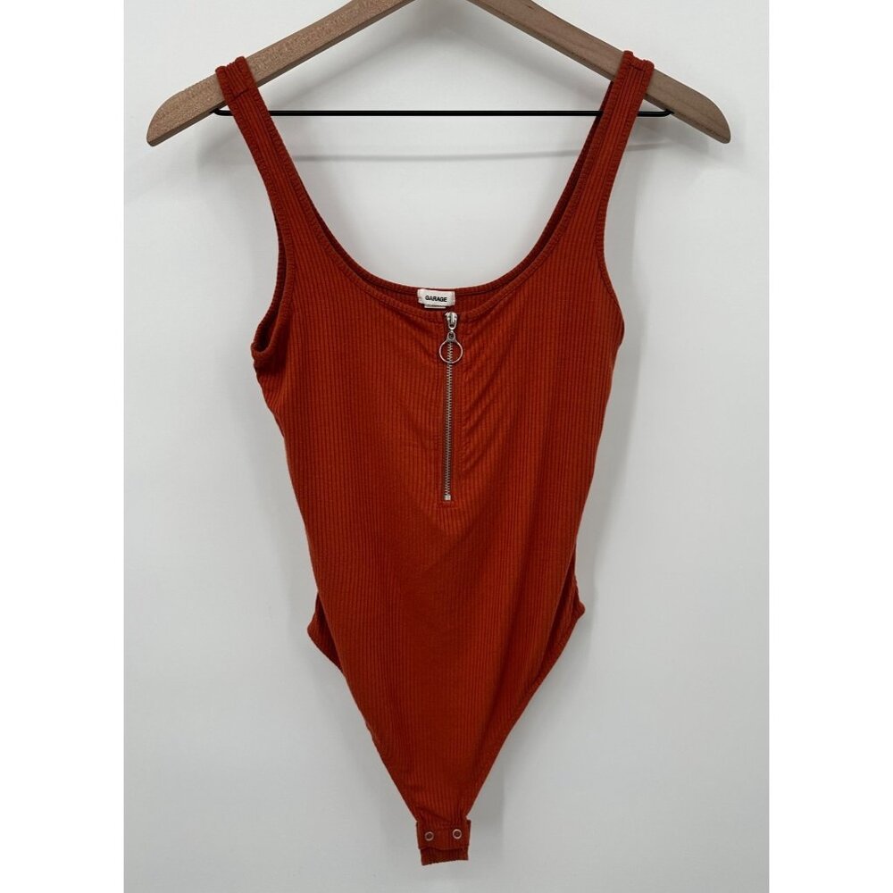Garage Bodysuit Women Small Burt Orange Tank Top Scoop Neck Zip Ribbed